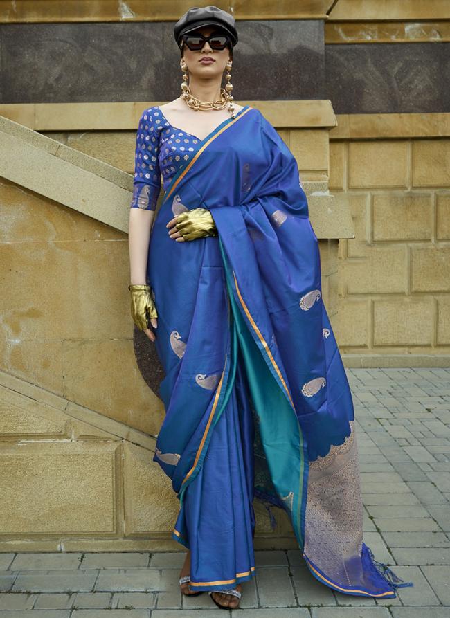 Pure Sattin Blue Festival Wear Weaving Saree